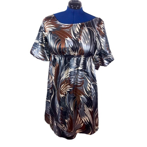 Eyeshadow L blue brown peacock retro satin wide scoop‎ neck poof sleeves dress